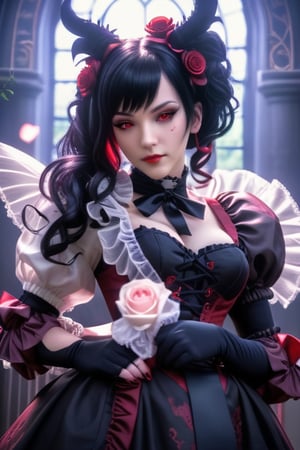 make it realistic of  eliza from tekken is an extremely pale woman with red eyes, short black hair with very long sidelocks, prominent horns on her head, and a large black tattoo going from her chest to her neck. She wears red high heels, black stockings, rose vines on her shins, and a dress that mixes victorian era and gothic lolita designs with a bright red corset, puffy arm sleeves, frilly skirt, and long coattails
