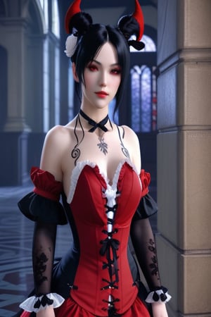 make it realistic of  eliza from tekken is an extremely pale woman with red eyes, short black hair with very long sidelocks, prominent horns on her head, and a large black tattoo going from her chest to her neck. She wears red high heels, black stockings, rose vines on her shins, and a dress that mixes victorian era and gothic lolita designs with a bright red corset, puffy arm sleeves, frilly skirt, and long coattails
