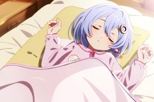 (by suemi jun|by hirayama kanna), qiqi \(genshin impact\), sleeping, blanket, covered with blanket, pyjamas, hair down, dark