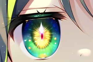 suimya, jitome eyes, green eyes, yellow pupils, mismatched irises, one eye closed, eye focus, close-up