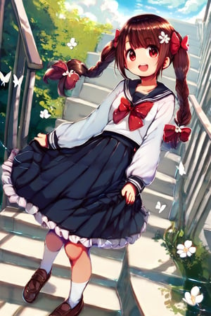 by inuki, 1girl, solo, long hair, looking at viewer, blush, smile, open mouth, bangs, skirt, brown hair, shirt, hair ornament, red eyes, long sleeves, bow, ribbon, twintails, school uniform, standing, full body, white shirt, braid, flower, :d, hair bow, outdoors, frills, sky, shoes, serafuku, socks, puffy sleeves, cloud, black skirt, sailor collar, water, red bow, red ribbon, brown footwear, bug, frilled skirt, white flower, white socks, loafers, butterfly, high-waist skirt, stairs, skirt hold, suspender skirt,
score_9, score_8_up, score_7_up, score_6_up, score_5_up, score_4_up