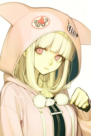 by hidari, looking at viewer, closed mouth, white background, animal ears, hood, blonde hair, scrunchie, animal hood, nanami chiaki