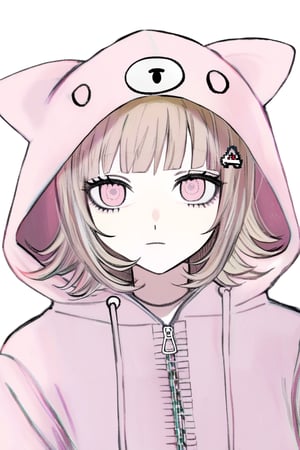 by ise \(xxsjte r\), looking at viewer, closed mouth, white background, animal ears, hood, blonde hair, scrunchie, animal hood, nanami chiaki