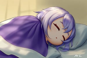 a0lp, qiqi \(genshin impact\), sleeping, blanket, covered with blanket, pyjamas, hair down, dark