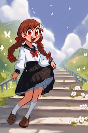 by theblueberrycarrots, 1girl, solo, long hair, looking at viewer, blush, smile, open mouth, bangs, skirt, brown hair, shirt, hair ornament, red eyes, long sleeves, bow, ribbon, twintails, school uniform, standing, full body, white shirt, braid, flower, :d, hair bow, outdoors, frills, sky, shoes, serafuku, socks, puffy sleeves, cloud, black skirt, sailor collar, water, red bow, red ribbon, brown footwear, bug, frilled skirt, white flower, white socks, loafers, butterfly, high-waist skirt, stairs, skirt hold, suspender skirt,
score_9, score_8_up, score_7_up, score_6_up, score_5_up, score_4_up