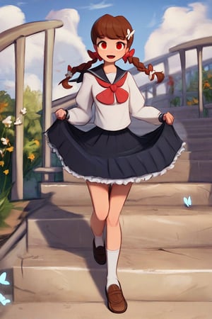 by schmutzo, 1girl, solo, long hair, looking at viewer, blush, smile, open mouth, bangs, skirt, brown hair, shirt, hair ornament, red eyes, long sleeves, bow, ribbon, twintails, school uniform, standing, full body, white shirt, braid, flower, :d, hair bow, outdoors, frills, sky, shoes, serafuku, socks, puffy sleeves, cloud, black skirt, sailor collar, water, red bow, red ribbon, brown footwear, bug, frilled skirt, white flower, white socks, loafers, butterfly, high-waist skirt, stairs, skirt hold, suspender skirt,
score_9, score_8_up, score_7_up, score_6_up, score_5_up, score_4_up