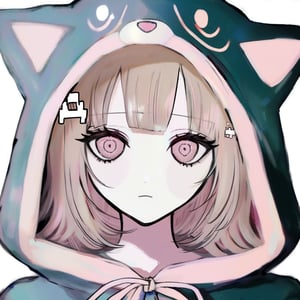 by ise \(xxsjte r\), looking at viewer, closed mouth, white background, animal ears, hood, blonde hair, scrunchie, animal hood, nanami chiaki