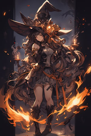 A whimsical witch from Granblue Fantasy! A girl, Erun, donning a stunning Halloween-inspired costume, poses against a darkened backdrop, illuminated only by the soft glow of candles. Her long, curly hair is adorned with a sparkling hair bell, and she wears toeless socks, black gloves, and a flowing dress that trails behind her like a wispy mist. A magnificent fox tail sprouts from the small of her back, its fiery tips crackling with magical energy as animal ears perk up in excitement. The overall atmosphere is one of enchantment and mystery, as if Erun has just conjured forth a spellbinding potion.,yuel \(granblue fantasy\),animal hears