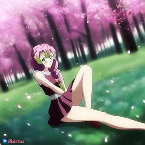 A close-up shot of Mitsuri from Demon Slayer, wearing her signature outfit with a flowing skirt. The skirt is rising up gently in the wind, revealing her legs. The scene is set in a serene, sunlit forest with dappled sunlight filtering through the trees. Mitsuri stands gracefully, her expression calm and composed, with her sword resting on her shoulder. The composition highlights the dynamic movement of the skirt and the delicate balance of light and shadow.