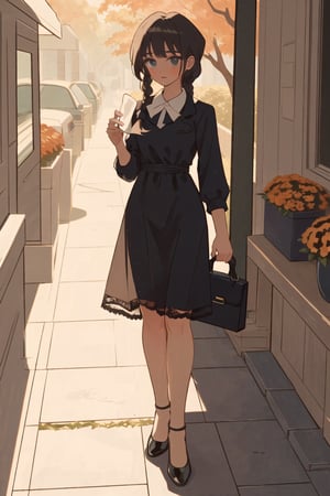 Girl, hair collected in a braid and tied to a beautiful white bow, a black Soviet dress with light lace, black shoes Czechs, in the hands of flowers and briefcase, autumn, path, ultra-detailed, aesthetics, atmosphere, hq