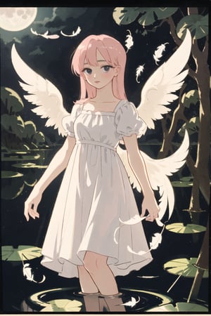 1girl, close up, very long hair, pink hair, black eyes, long eyelashes, standing, standing in water, moon, gray tones, trees, water lilies, simple white dress, mini angel wings, feather wings, white wings, gothic, floating hair, dynamic pose, feathers, feathers everywhere, dark atmosphere, aesthetics, look at viewer, parted lips, tsvbvra, hotatenshi, taiki, polaroid photo, hyperrealism, hotatenshi, pastel colours, bright gentle atmosphere, surreal