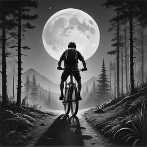 very simple ink sketch black&white 
about adventure, travel, and exploration of the commitment to oneself,
 bike ride  no helmet on a standard mountain bike with forest and the moon in the background 