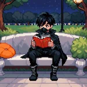 Solo_male, man, black coat with high collar, black collar that covers mouth, modern black clothing, black pants, black boots, grey accents, park background at night, short black hair, villain, reading a book, sprite, pixel style