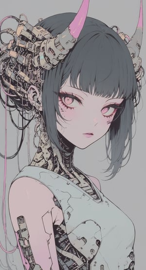 simple background, asian, 1girl, straight black hair, eerie, quiet, graceful body, peach skin, beauty. divine, suggestive pose, muted color palette, anime black line,,txznmec, m3, cybernetic, cyborgt, source_anime, metal line on body,Decora_SWstyle,Portrait, from Front, hands up, eyes close, mouth slightly open, horn, lace, wires,Cyberpunk geisha