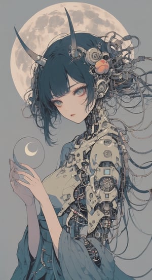 simple background with a large full moon make sure the (((moon is complete circle))), Asian,1girl, straight black hair, her hands holding a round moon cake, the cake is in brown color with word engraved on top, , eerie, quiet, graceful body, peach skin, beauty. divine, muted color palette, anime black line,,txznmec, m3, cybernetic, cyborgt, source_anime, metal line on body,Decora_SWstyle,Portrait, from Front, horn, lace, wires, 