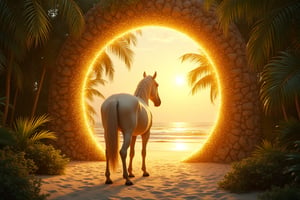 Golden shining particles depicting a round shape door in the middle of tropical forest, behind golden shining particles is a beach. A white horse standing still and looking at golden shining particles. 