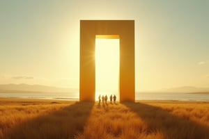 Open field with grass in Mongol, a golden shining surrogate appear and standing still and tall which open anorther dimension of world showcase a beach. a group of men and woman walk into the surrogate. 