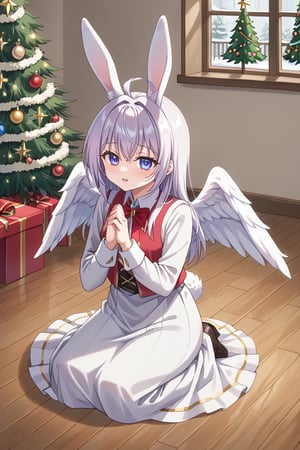 Create a bunny, dressed as an angel, with white wings, the bunny is praying under a Christmas tree, a warm light, the bunny is white, the floor is made of wood