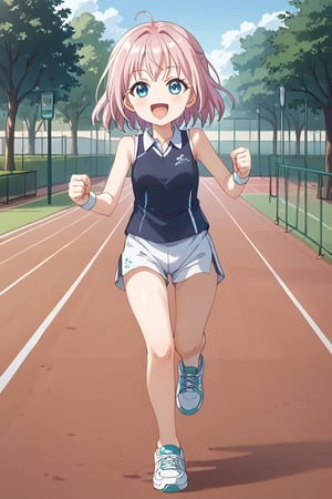 Create a young girl, running through a park, dressed in a blue miniskirt, you can see her printed underwear, a sleeveless black printed blouse, her face is happy, her hand is carrying a small ball, her pink and white printed tennis shoes
