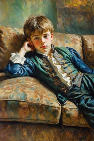 An impressionist style painting of a cute young boy, barefoot, lying on a sofa, artistic pose, wearing Renaissance clothing, tender face