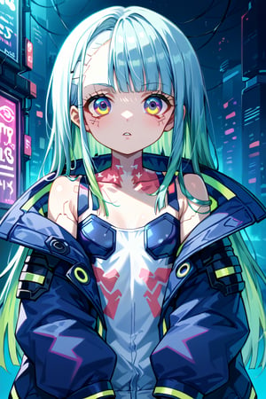 Create a portrait of a very young cute girl, approximately 12 years old, with long cyberpunk style hair, dressed in a jacket with cyberpunk lights, on the street illuminated only by lets, the darkness of the night highlights the lets