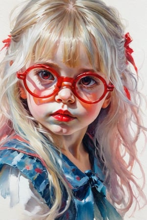 A portrait, impressionist style, a cute young girlish girl,  approximately 7 years old, kiss with her libs , with red glasses, bangs, long hair, red eyes, white hair, light background