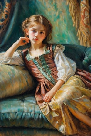 An impressionist style painting of a cute young girl, barefoot, lying on a sofa, artistic pose, wearing Renaissance clothing, tender face