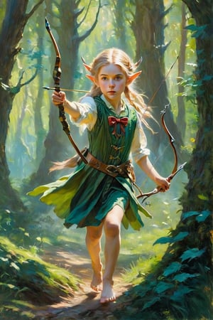 An impressionistic painting of a cute young, barefoot, elven girl, in a forest, with her bow, hunting unicorns,