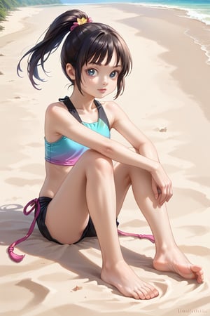 Create a young girl, sitting on the sand on the beach, wearing a colorful vikini, the girl has black hair tied in a ponytail style, the girl is barefoot, her feet are the point of attention, realistic feet, well detailed feet