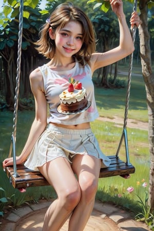 A cuty young girlish girl, on a swing, sleeveless shirt, printed with an image of a cake, a short miniskirt, very tight white underwear, barefoot, shows her feet to the viewer, blushing