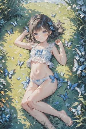 A painting in impressionist style of a cute young girl, barefoot, lying in a garden, wearing a short sleeveless blouse, show her navel,  whitea very tight little underwear, butterflies, artistic pose