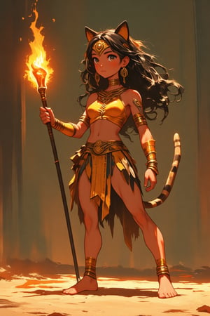  A cute young girl, barefoot, dressed as a jaguar, Aztec, Mayan warrior, with a torch in her hand, sexy pose