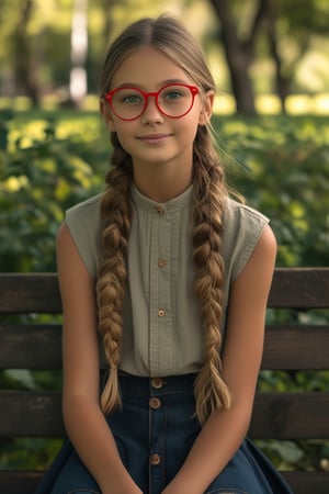 4k, A cute young girl, looking at the viewer, red glasses, long braided hair, wearing a sleeveless blouse, miniskirt, tender and light smile, sitting on a park bench, surrounded by green foliage