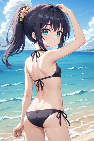 Create a young girl, with long black hair styled in a ponytail, the girl is dressed in a very small black bikini, the girl is on a beach looking at the sea with her back turned, the place shows a sunny environment, the water is calm, the girl is shown thoughtful
