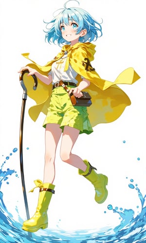 score_9,score_8_up,score_7_up,figure style,source_anime.
1girl, solo, Luce, blue eyes,light blue hair,short hair,christian cross necklace,yellow hooded cape,green boots yellow,two-pronged cane.
jumping, walking, smile, on the water, happy.
close shot, masterpiece, white background,3D,Cartoon