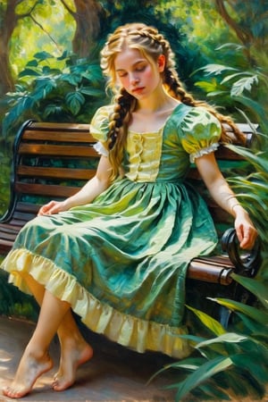 An impressionist style painting of a pretty young girl, barefoot, lying on a park bench, surrounded by vegetation and trees, wearing a baroque dress, hair braided, face illuminated, artistic pose