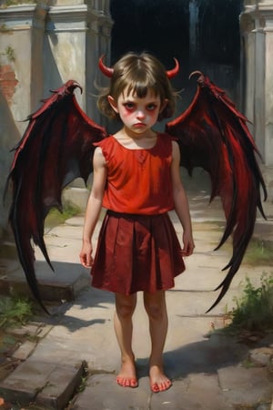 a cute little child, approximately 6 years old, dressed with demonic wings, the girl wears a red sleeveless blouse, a very short red skirt, her hair is black, her eyes are red, her face shows a depressed expression, the girl has red horns, the girl is barefoot, the girl is surrounded by darkness, she is in a church with an abandoned appearance, in an impressionist style