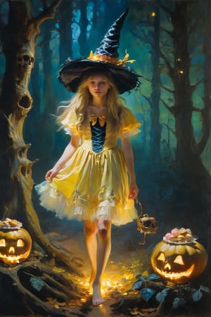 An impressionistic painting of a girl, 19 years old, in a dark forest, barefoot, being illuminated by a golden light, dressed in a short rococo style dress, with a witch hat, long hair, a hut with sweets, surrounded by skeletons