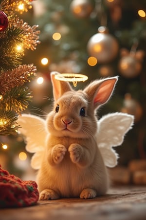 A highly detailed, realistic photo image of an adorable bunny dressed as an angel, with tiny white wings and a small halo. The bunny is positioned as if praying or sitting peacefully, near or under a beautifully decorated Christmas tree. The tree is adorned with ornaments, lights and tinsel, creating a festive and cozy atmosphere. The lighting is warm and soft, highlighting the bunny's gentle and serene expression. The image captures a magical and touching moment, full of Christmas spirit, without looking like an illustration.