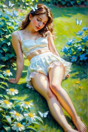 A painting in impressionist style of a cute young girl, barefoot, lying in a garden, wearing a short sleeveless blouse, show her navel, whitea very tight little underwear, butterflies, artistic pose