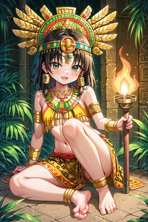 A cute young girl, barefoot, dressed as a jaguar, Aztec, Mayan warrior, with a torch in her hand, sexy pose