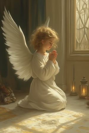 Create an image of a serene angel with white wings, around 10 years old, kneeling in prayer in a softly lit room. The angel has a gentle, contemplative expression and is dressed in ethereal, flowing robes that appear to glow with a soft light. In front of the angel is a large, detailed map of the world, partially illuminated by warm, diffused light coming from a nearby window or lantern. The room is decorated with subtle classical elements, such as ornate furniture and soft, warm colors. The impressionistic brushstrokes are meant to capture the quiet, reflective atmosphere of the scene, with the light casting a peaceful glow over the angel and the map, creating a sense of calm and reverence.