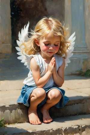 a cute little child, approximately 6 years old, the girl is dressed as an angel, with a white sleeveless blouse, blue denim shorts, golden blonde hair, her eyes closed in prayer, her little hands together to pray. resar, the girl is barefoot, her fluffy white wings, her face shows a light smile, the girl is sitting on a step in a church, the place is dark, a light warm light surrounds the little angel girl,  in an impressionist style