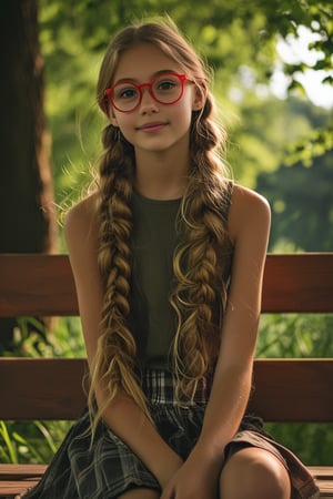 4k, A cute young girl, looking at the viewer, red glasses, long braided hair, wearing a sleeveless blouse, miniskirt, tender and light smile, sitting on a park bench, surrounded by green trees