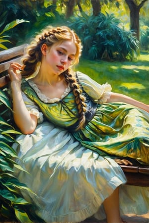 An impressionist style painting of a pretty young girl, barefoot, lying on a park bench, surrounded by vegetation and trees, wearing a baroque dress, hair braided, face illuminated, artistic pose