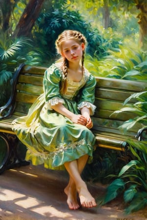 An impressionist style painting of a cute young girl, barefoot, lying on a park bench, surrounded by vegetation and trees, wearing a baroque dress, hair braided, face illuminated, artistic pose