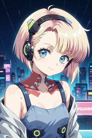 Create a young girl at least 12 years old, with short blonde hair, blue eyes, wearing cyberpunk clothing, using retro-futuristic headphones, with a diffuse cyberpunk background, illuminated with a pink light from the left side, she looks at the viewer with a slight tender smile
