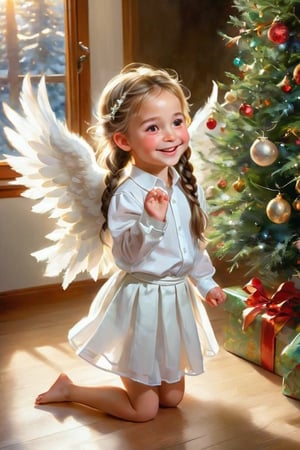 a cute little girl, approximately 6 years old, dressed like an angel, with a white shirt, white skirt, happily looking at a Christmas tree, the girl has white fluffy wings, the girl is barefoot, the girl shows a happy face happiness, long hair braided ponytail style, the place is enveloped by a warm light