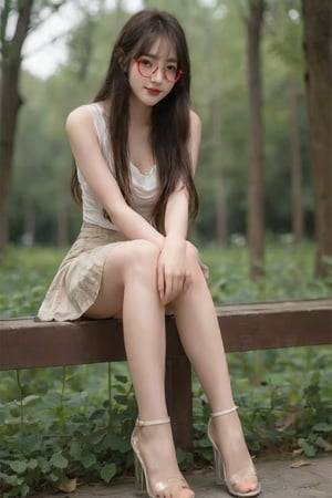 4k, A cute young girl, looking at the viewer, red glasses, long braided hair, wearing a sleeveless blouse, miniskirt, tender and light smile, sitting on a park bench, surrounded by green trees