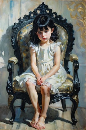 An impressionist style painting of a cute young girl, barefoot, sitting on a black throne, with flourishes, black hair, Caucasian, white skin, artistically posing, looking at viewer, light background